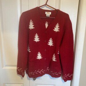 Talbots 100% Wool Red and White Tree Button Cardigan, Size Large
